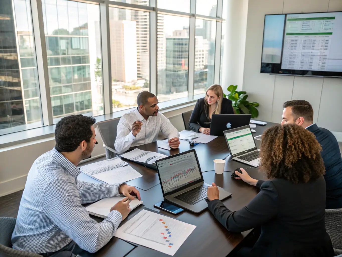 An image of a young entrepreneur reviewing financial documents with a startup team in a modern office, symbolizing the initial stages of business funding.