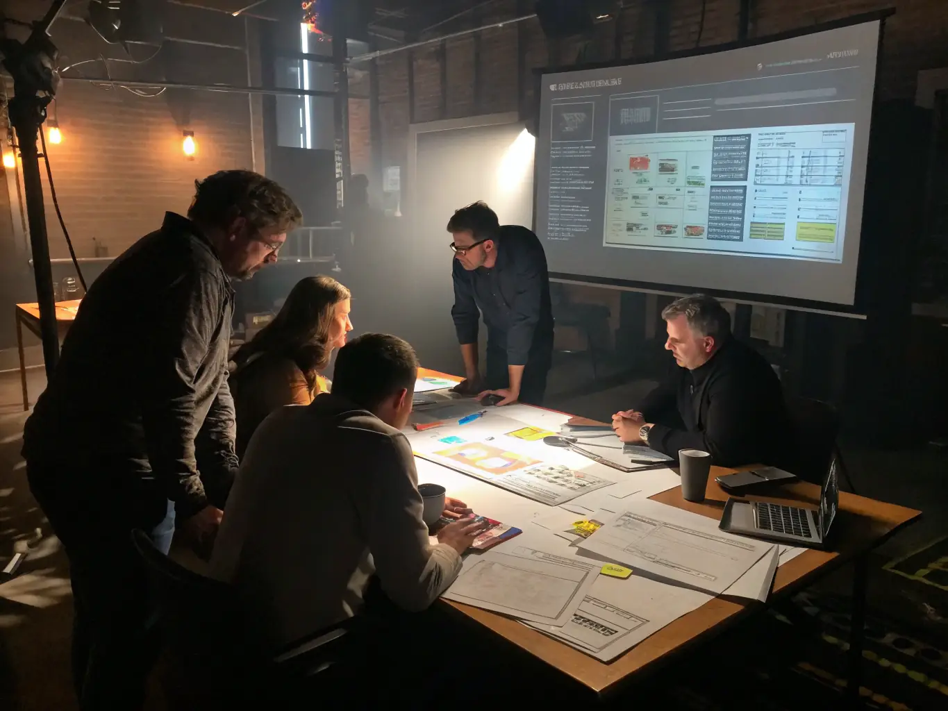 A business team discussing plans over a large table with charts and growth graphs displayed, representing the expansion phase of a business.