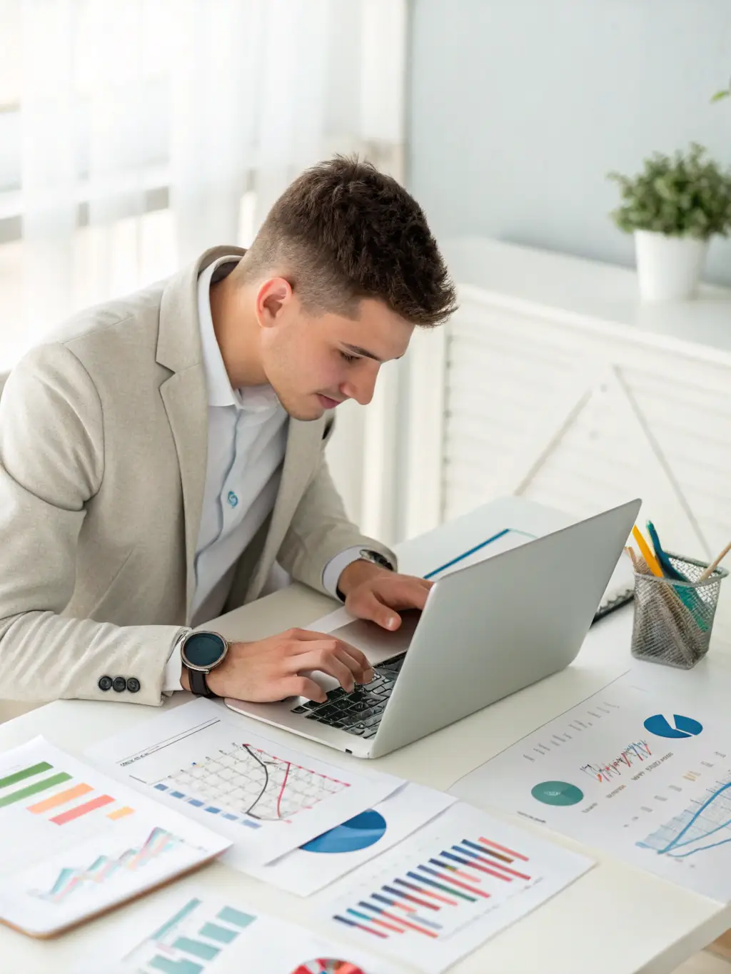 An image of a young entrepreneur reviewing financial documents with a startup team in a modern office, symbolizing the support BizFundPro provides to startups.