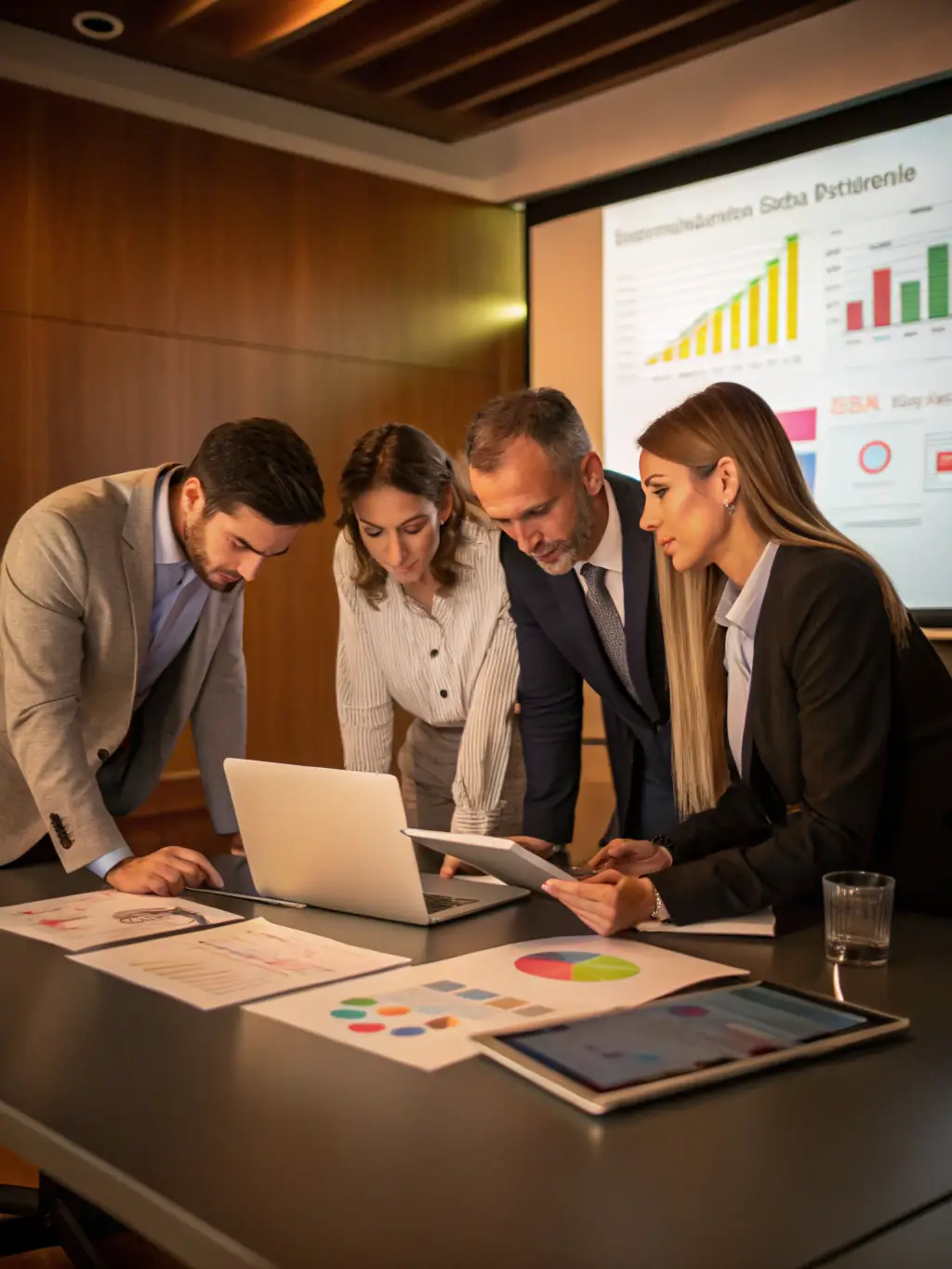 A business team discussing plans over a large table with charts and growth graphs displayed, representing BizFundPro's expansion funding solutions.