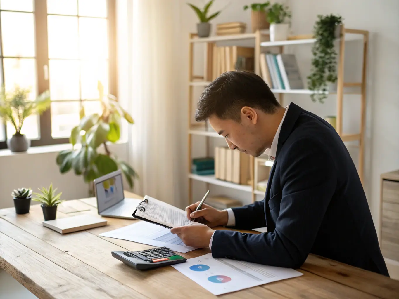 A business owner is managing inventory and invoices in a well-organized office, with a calculator and financial reports on the desk, illustrating efficient working capital management.