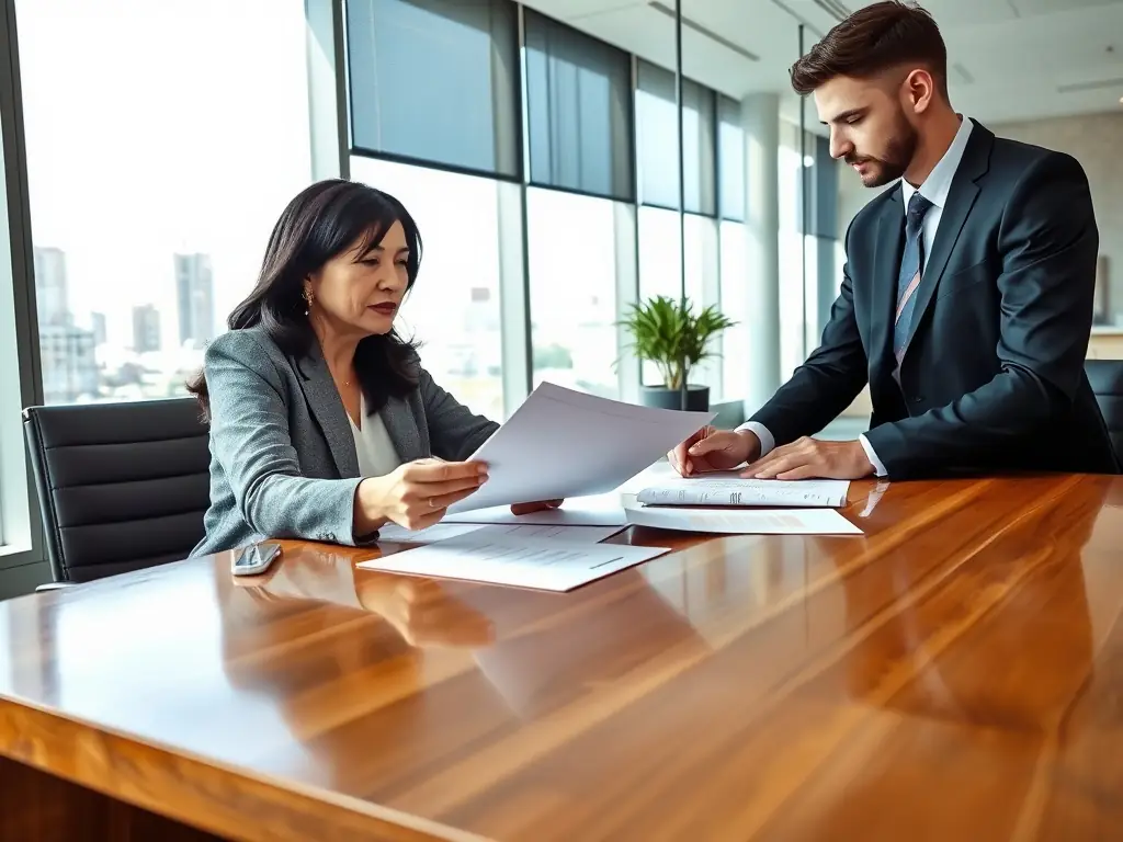 A professional business owner is reviewing financial documents in a modern office setting, with a laptop displaying funding options and charts in the background, symbolizing strategic financial planning.