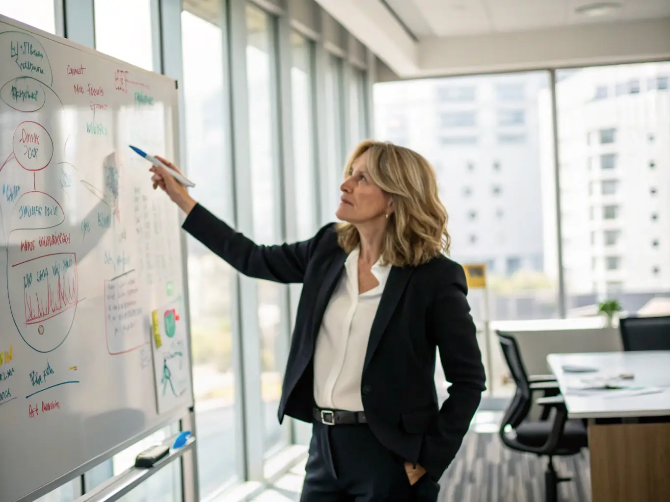 A professional businesswoman confidently presenting a financial growth chart to her team in a modern office setting, symbolizing the benefits of startup business funding.