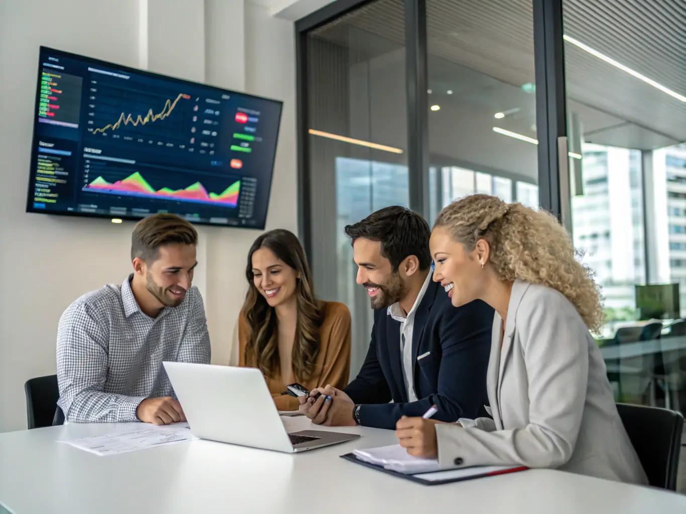 A team of business professionals is collaborating on a growth strategy in a brightly lit conference room, with a whiteboard showing expansion plans and financial projections, representing strategic business expansion.